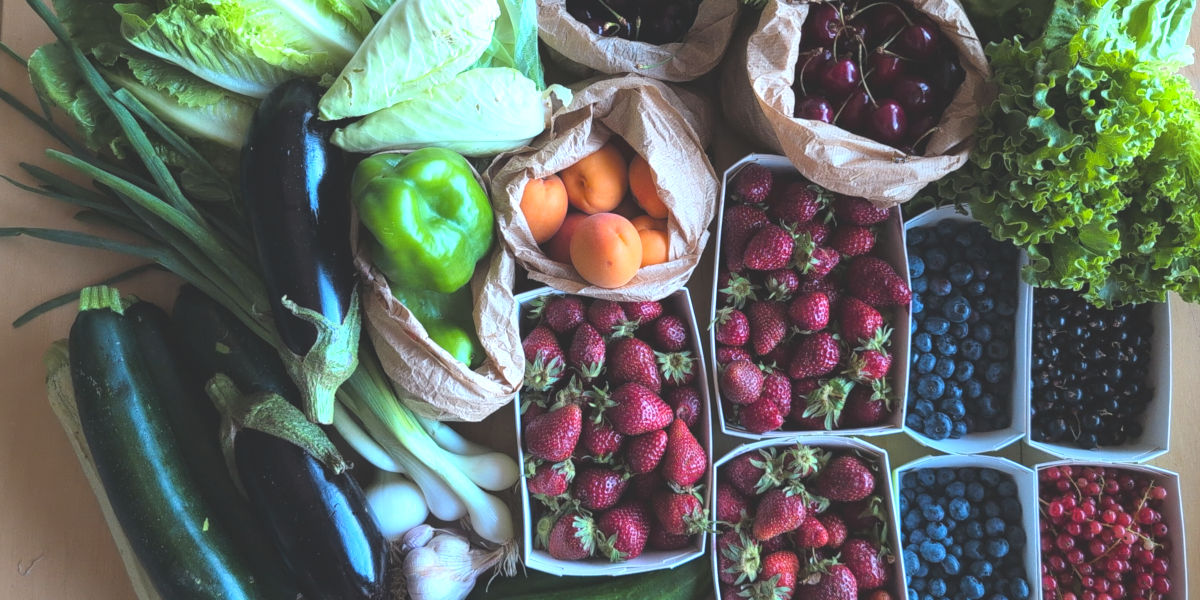 Vue plongeante sur des fruits et légumes disposés sur une table, dans des barquettes en cartons, des sacs en papier ou tels quels.